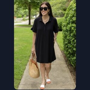 Chico's Black Classic Polo Style UPF Ruffle Sleeve Snap Front Jersey Dress XL